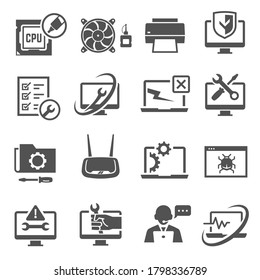 Computer repair, diagnostics services bold icons set isolated on white. Technical support, laptop maintenance pictograms collection. Installing software, hardware vector elements for infographic, web.