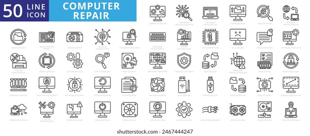Computer repair icon set with hardware, troubleshooting, software, installation, system backup and virus removal.