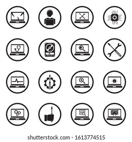 Computer Repair Icons. Black Flat Design In Circle. Vector Illustration.