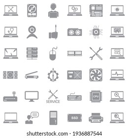 Computer Repair Icons. Gray Flat Design. Vector Illustration.