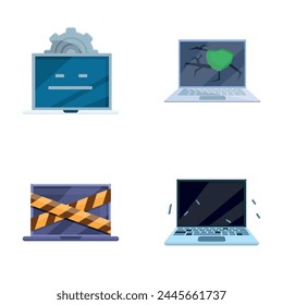 Iconos de reparación de computadoras conjunto de dibujos animados Vector. Varios ordenadores personales rotos. Servicio de reparación, mantenimiento