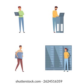 Computer repair icons set cartoon vector. Sysadmin adjusting network connection. Service maintenance