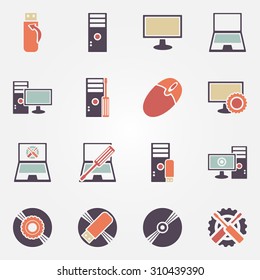 Computer repair icons - vector set of PC or laptop flat symbols or logo
