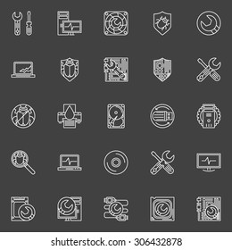 Computer repair icons - vector symbols of PC service in thin line style