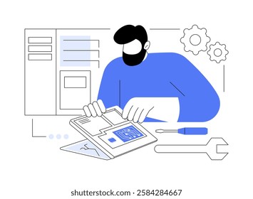 Computer repair isolated cartoon vector illustrations. Technician repairing computer, electronics fixing industry, small business, public service sector, professional people vector cartoon.