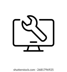 Vetor de ícone de linha de reparo do computador isolado no fundo branco. Ícone de linha de solução de TI