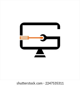 Computer repair logo design with screwdriver and wrench in letter G concept.