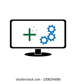 Computer repair logo.  Vector flat image of laptop,  PC, notebook, monitor,  gadget, smartphone, phone. Icon, label for shop, store, website or business card.