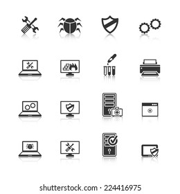 Computer Repair And Maintain Internet Security Services Black Icons Collection With Antivirus Shield Abstract Isolated Vector Illustration