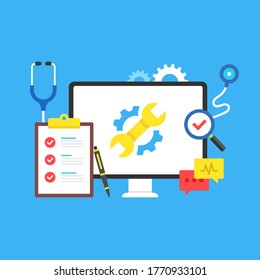 Computer repair. Maintenance, service center, PC troubleshooting, computer diagnostics concepts. Modern flat design graphic elements. Vector illustration