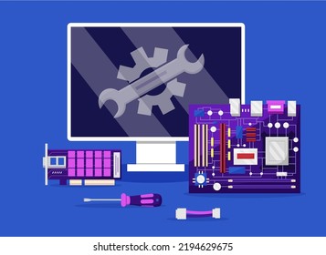 Reparación de computadoras. Soporte de mantenimiento. Diagnóstico de PC. Hardware electrónico. Servicio de taller. Solucionar problemas de componentes. Monitor de dispositivo. Placa base con microchips. Ilustración del vector