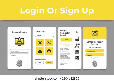 Computer Repair Online Mobile Application Screen Log In Sign Up Interface Set Vector Illustration. PC Technology Support Center Registration Search Form Menu With Fingerprint Hardware Diagnostic
