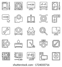 Computer Repair outline icons set. Vector Computer Maintenance concept symbols in thin line style