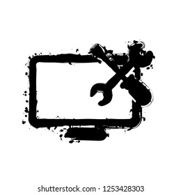 Computer repair service. Black ink with splashes on white background