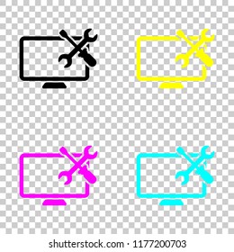 Computer repair service. Colored set of cmyk icons on transparent background