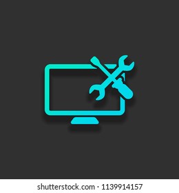 Computer repair service. Colorful logo concept with soft shadow on dark background. Icon color of azure ocean