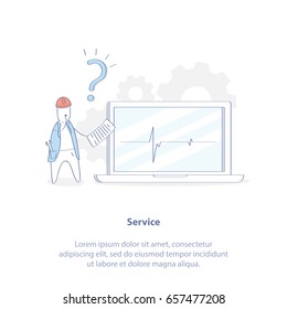 Computer repair, service, computer equipment diagnostic. Cute service engineer diagnose the condition of the laptop. Isolated Vector Illustration in trendy light design.