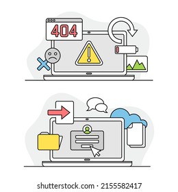 Computer repair service. error 404, disconnection from the Internet, hardware and computing cloud lined vector illustration