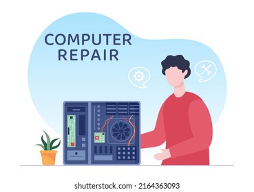 Computer Repair or Service Flat Cartoon Illustration with Tools Repairman Electronics for for Data Recovery Center and Crash on PC