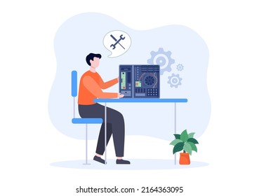 Computer Repair or Service Flat Cartoon Illustration with Tools Repairman Electronics for for Data Recovery Center and Crash on PC