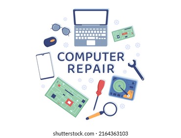 Computer Repair or Service Flat Cartoon Illustration with Tools Repairman Electronics for for Data Recovery Center and Crash on PC