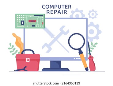 Computer Repair or Service Flat Cartoon Illustration with Tools Repairman Electronics for for Data Recovery Center and Crash on PC