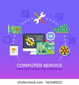 Computer repair, computer service. Flat design graphic elements, signs, line icons set. Premium quality. Modern concept for web banners, websites, infographics, printed materials. Vector illustration