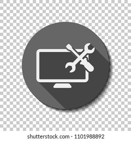 Computer repair service. flat icon, long shadow, circle, transparent grid. Badge or sticker style