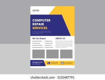Computer repair service flyer design template. Laptop smartphone repair service flyer poster leaflet template. Repairman flyer design, cover, a4 size design.