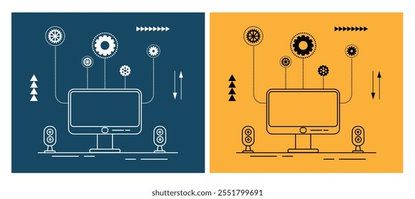 Computer Repair Service with Gear Line Art. Industry and electronic device maintenance vector art