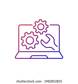 Icono de vector lineal de gradiente de servicio de reparación de equipos. Instalación de software en el portátil. Actualización del sistema, mantenimiento de PC. Símbolos de color de línea delgada. Pictograma de estilo moderno. Dibujo de contorno aislado del vector