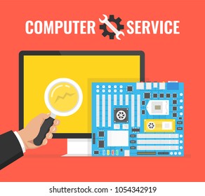 Computer repair, service.  Hand holding a magnifying glass and looking for malfunctions. Vector illustration.