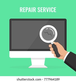 Computer repair, service.  Hand holding a magnifying glass and looking for malfunctions. Vector illustration.