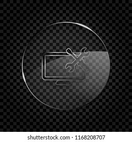 Computer repair service. Icon in circle glass bubble on dark transparent grid. Glass style