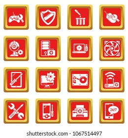 Computer repair service icons set vector red square isolated on white background 
