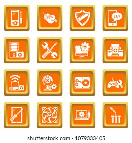 Computer repair service icons set vector orange square isolated on white background 