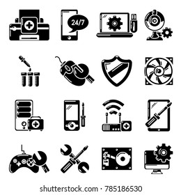Computer repair service icons set. Simple illustration of 16 computer repair service vector icons for web