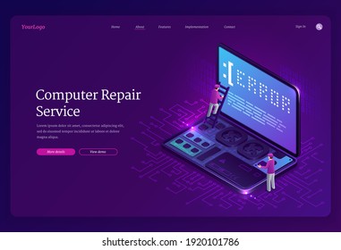 Computer repair service isometric landing page, tiny workers with ladder climb at huge laptop with error notification on screen, pc fixing, broken electronics device maintenance 3d vector web banner