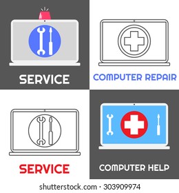 Computer repair service. Laptop help icon set of four. Flat and linear style. Notebook with emergency siren and red cross sign, wrench and screwdriver.