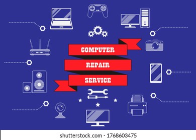 Computer repair service, maintenance - inscription on a ribbon. Around are digital, video and computer equipment icons, sign, tools. Vector isolated in retro style for service, store
