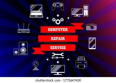 Computer repair service, maintenance - inscription on a ribbon. Around are digital, video and computer equipment icons, sign, tools. Vector isolated in retro style for service, store