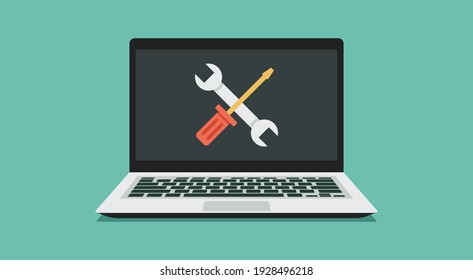 computer repair service, maintenance, and technical support concept, laptop with wrench and screwdriver on screen, flat vector illustration