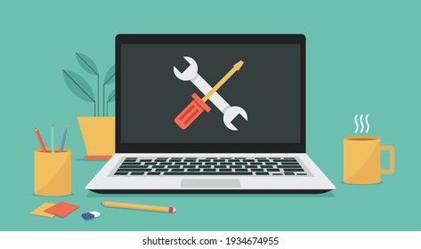 computer repair service or maintenance and technical support concept, laptop with wrench and screwdriver on screen, flat vector illustration