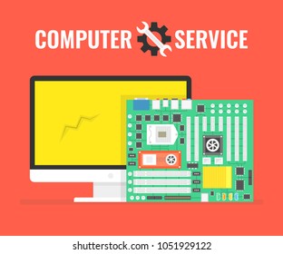 Computer repair service. Motherboard and desktop computer. Vector illustration.
