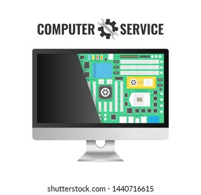 Computer repair service. Motherboard in the section of the screen. Vector illustration.