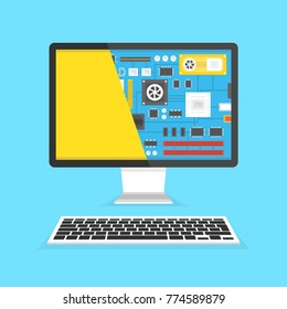 Computer repair, service. Motherboard in the section of the screen. Vector illustration.