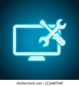 Computer repair service. Neon style. Light decoration icon. Bright electric symbol