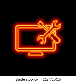 Computer repair service. Orange neon style on black background. Light icon