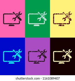 Computer repair service. Pop art style. Scratched icons on 6 colour backgrounds. Seamless pattern