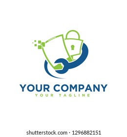 Computer repair service and security logo template with monitor and wrench signs. Vector illustration EPS.8 EPS.10